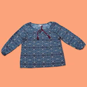 Norah Boho Hippie Retro Peasant Blouse Blue Geometric Print Tie Neck 3/4 Sleeve